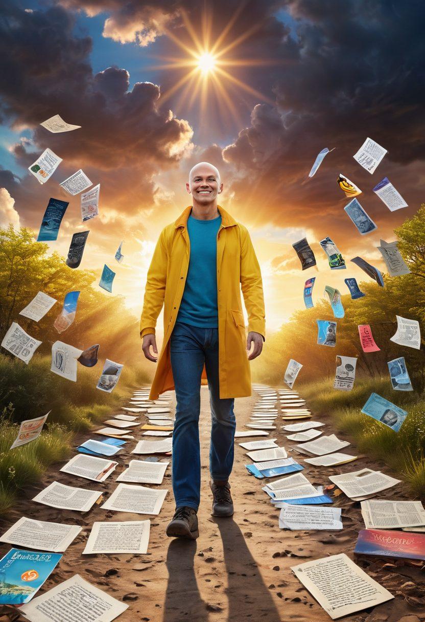 A resilient cancer survivor standing tall on a winding path, surrounded by symbolic representations of support like hands reaching out, various resources like books and pamphlets scattered along the way, and a bright sun breaking through dark clouds in the background. The survivor radiates strength, wearing a hopeful smile, embodying empowerment and triumph. super-realistic. vibrant colors. inspirational atmosphere.