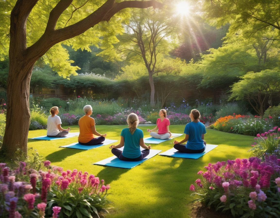 A serene scene depicting a harmonious community gathering in a vibrant garden, where healthcare professionals and patients are engaging in holistic therapies, like yoga and art therapy. Sunlight filters through lush trees, illuminating diverse individuals sharing smiles and support, surrounded by colorful flowers symbolizing hope and healing. The atmosphere radiates warmth, connection, and the blending of traditional and alternative cancer care practices. super-realistic. vibrant colors. peaceful background.