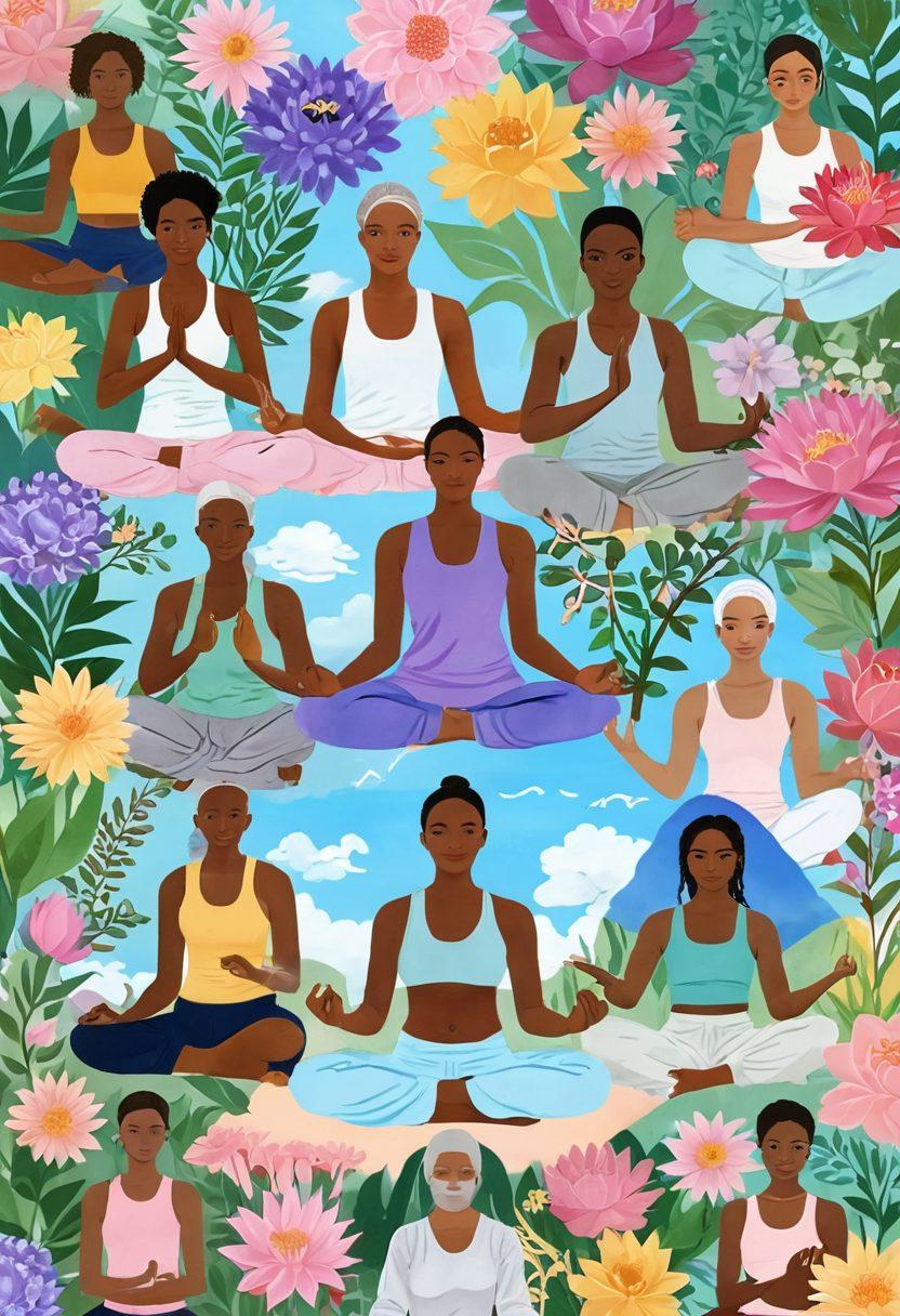 A collage of diverse cancer survivors, showcasing their resilience and strength, surrounded by symbols of wellness such as blooming flowers, yoga poses, and supportive communities. The background features a serene landscape, indicative of hope and healing, with soft pastel colors reflecting positivity and empowerment. super-realistic. vibrant colors. calming atmosphere.